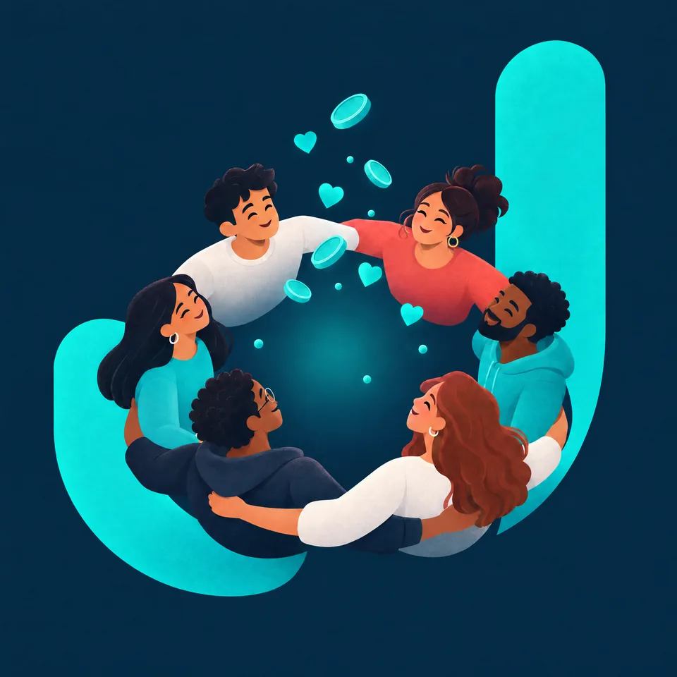Amigos reunidos em roda, juntando e compartilhando